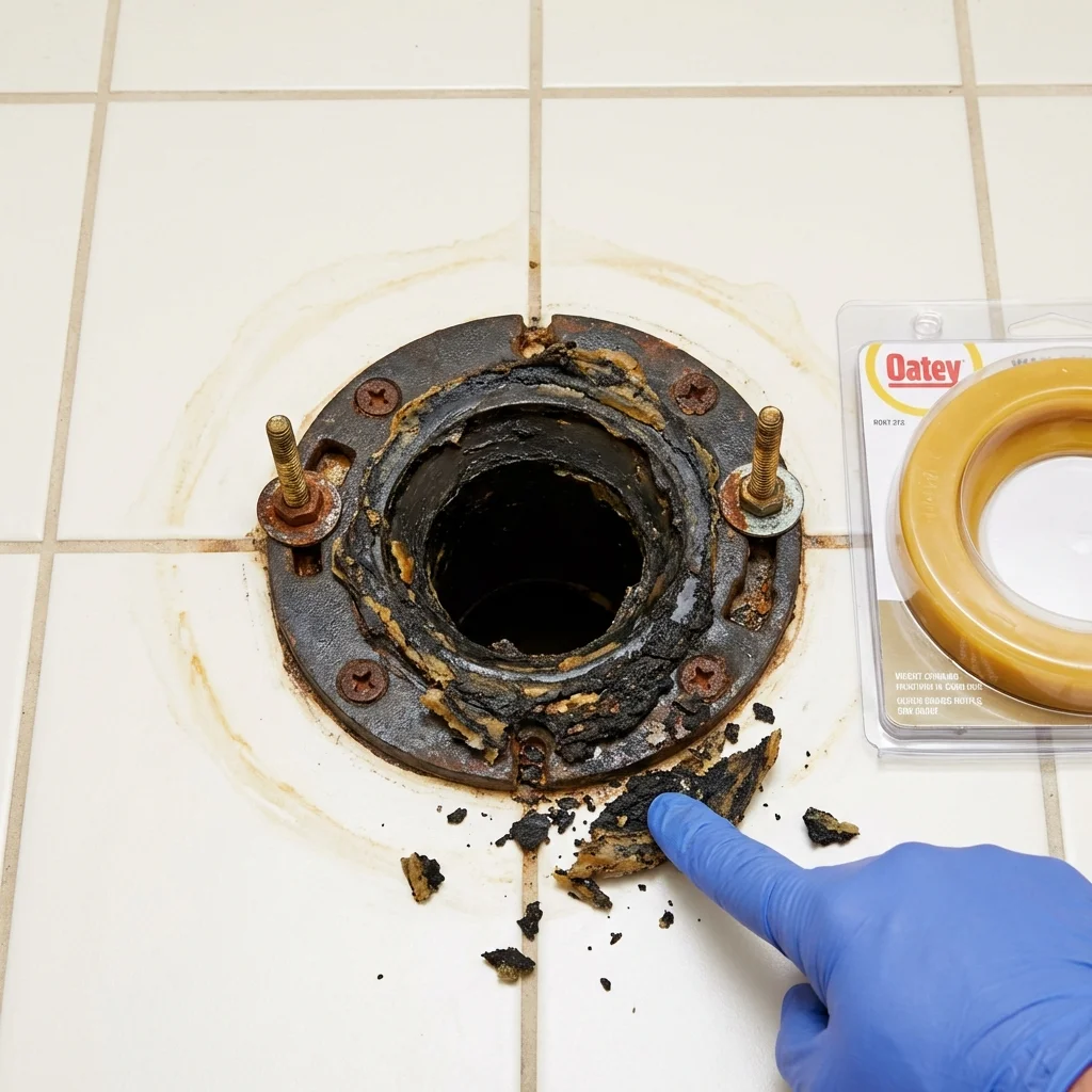 Failed wax ring showing water seepage at the base of a toilet in a Celina, OH home